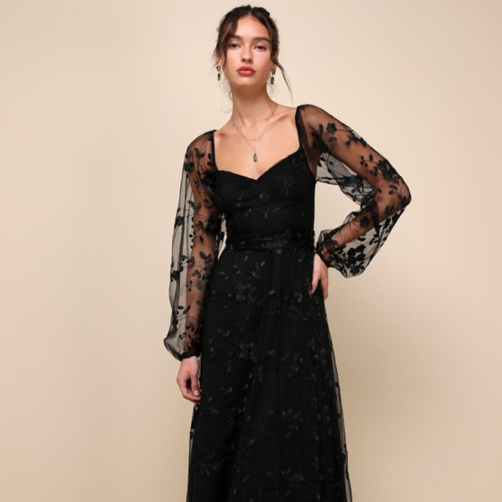 Lulus Darling Charisma Black Mesh Embroidered Midi Dress - Size S